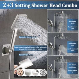 8" For California Rainfall Shower Head with Handheld Combo, Upgrade 12" Extension Arm Height Adjustable, Powerful Stainless Steel Shower Head with Holder Extra Long Hose, Brushed Nickel