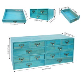 4 Pack Desktop Cabinets, 3-Drawer Vintage Wood Desk Organizer Stackable Units with Label Holders for Herb Storage, Apothecary Diaries, Tea Collection, Cosmetics, Jewelry (Blue)