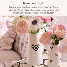 MACKENZIE-CHILDS Ceramic Heart Vase, Unique Decorative Vase, Tall, Black-and-White Courtly Check