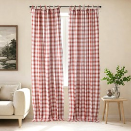 THE ART BOX Buffalo Plaid Tie-Top Curtains – 2 Panels, 63"x42", Farmhouse Style Window Drapes for Living Room, Bedroom, Kitchen – Rust Red/White Check