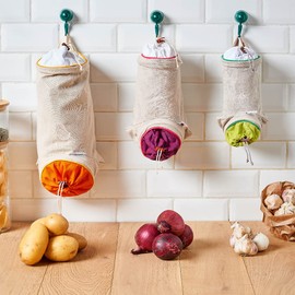 Mastrad Gemüseaufbewahrungsbeutel - beidseitiges Kordelzug-Design - Frischhaltebeutel aus Baumwolle und Leinen - Beutel zur Aufbewahrung von Knoblauch, Zwiebeln und Tomaten