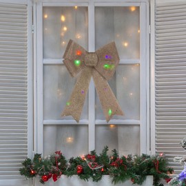 16" LED Lighted Gold Glitter Burlap Bow Christmas Decoration with Color Changing Lights