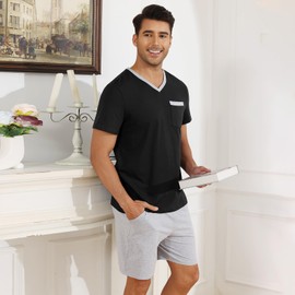 TeJoyce Mens Pyjamas Set Cotton Short Sleeve 2 Piece Pjs Loungewear Shorts Pyjamas for Men V-Neck Summer Nightwear with Pockets Black