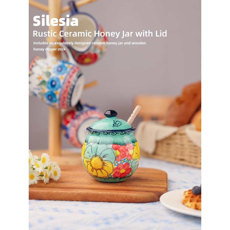 Hand-Painted Ceramic Honey Jar, 8 oz Honey Pot with Dipper