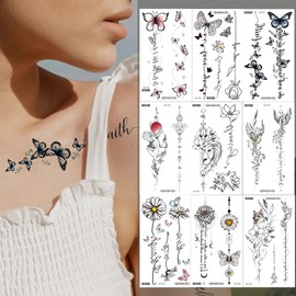 Qpout 30 Sheets Black Realistic Temporary Tattoos for Women Girls 95+ Large Size Vintage Sun Moon Roses Butterfly Feather Designs Body Art Tattoo Stickers for Neck Arm Hands