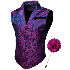 Barry.Wang Mens Silk Victorian Vest Tie Set Tailored Collar Paisley Steampunk Gothic Waistcoat Formal/Leisure Party, Brooch Teal and Pink, X-Large