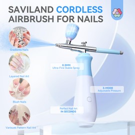 SAVILAND 25 PSI Airbrush for Nails: Rechargeable Nail Airbrush Machine 3 High-Pressure Modes Cordless Airbrush Kit with Compressor 0.3 mm Nano Nozzle Airbrush Paint for Nails Art with Cleaning Tools