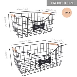 Brabtod Large Dog Toy Basket,Set of 2 Iron Wire Dog Toy Bin,Metal basket for Pet,Puppy Toy Bin Organizer with Wooden Handle,Sturdy Dog Basket for Dog Leash,Blanket,Toys,Snacks,Accessories