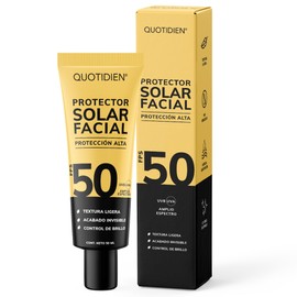 Quotidien Protector Solar Facial FPS 50, Protección de Amplio Espectro, Bloqueador Solar Dermatológicamente Probado, Textura Ligera, Acabado Invisible, Control de Brillo, 50 ml