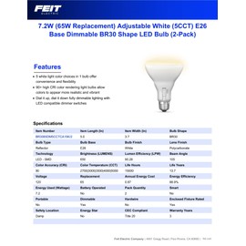 Feit Electric BR30 LED Light Bulb, 65W Equivalent, Dimmable, 5CCT, E26 Medium Base, 90 CRI, 650 Lumens, Adjustable White, 13 Years Lifetime, 2 Pack, BR3065DM5CCTCA15K/2