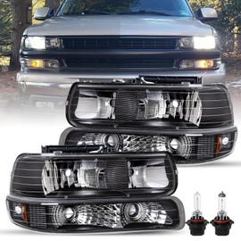 JSBOYAT 4pcs Headlight Assembly w/Bulbs Fit for 1999-2002 Chevy Silverado 1500 2500/2000-2006 Chevy Tahoe Suburban, with Bumper Lights, Passenger & Driver Side
