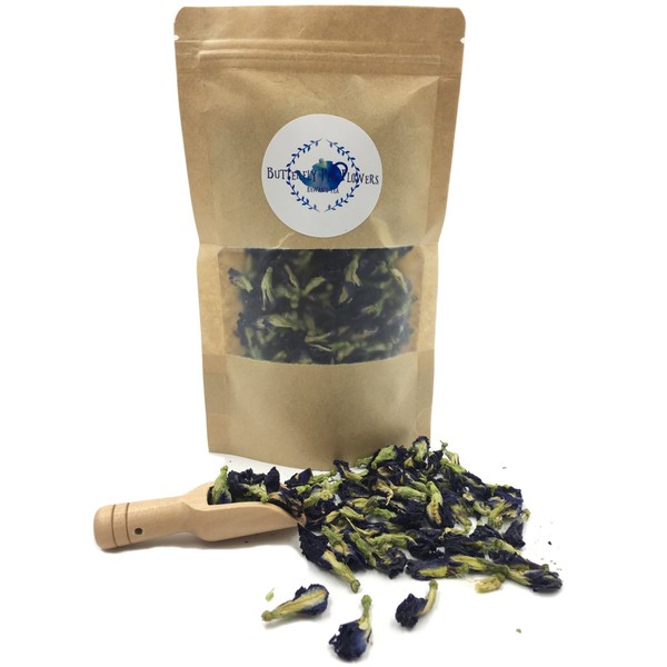 Pure Dried Butterfly Pea Flowers Blue Tea Clitoria Flower Herbal Retreat 100% Organic Nontoxic, GMO Free, 1.80 Oz. Safe And Healthy in Zipper Bag Packaging Get Free a Wooden Scoop Spoon