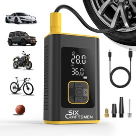 Six Craftsmen Tire Inflator Portable Air Compressor,Powerful 150PSI&4000mAh Cordless Mini Bike Air Pump For Auto, Car Tire Pump With Digital Pressure Gauge For Cars, Bike & Motorcycle Tires, Ball