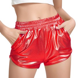 Perfashion Pantalones cortos metálicos brillantes para mujer, Rojo -, S