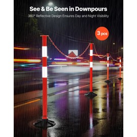 VEVOR 3 Pack Traffic Delineator Posts, 34 in Traffic Safety Cones with Weighted Base, Reflective Strips and Chain, Heavy Duty Delineator Posts for Construction Site, Parking Lot, Crowd Control, Red