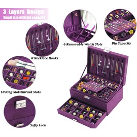 QBestry Jewelry Boxes for Women Earrings Jewelry Box Organizer for Women Purple Jewelry Organizer with Lock,Velvet Jewelry Storage Box Jewelry Holder Organizer Jewelry Box for Necklaces Earrings Rings