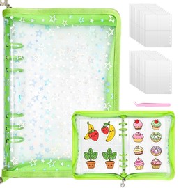 HHXJMMDR Sealing Pad, Large, A5 Binder, Large Capacity, Stars Pattern, Sparkling, Zipper, 20 Transparent Sleeves, For Boys and Girls, Gift (Neon Green)