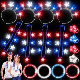 TURNMEON 16Pcs 4th of July Party Favor, American Star 4 Light Up Necklaces 4 Headbands 4 Ring Finger Light 4 LED Bracelets Adults Kids Patriotic Memorial Day National Independence Day, Red White Blue