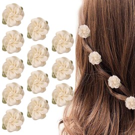 12PCS White Mini Rose Hair Clips Jasmine Barrettes Headpiece Hairpins for Women Wedding Bridal Flower Accessories