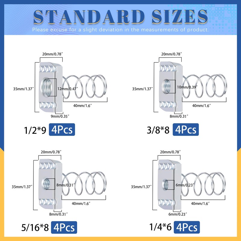 Glarks 16pcs 4 Sizes Strut Channel Nuts with Standard Spring
