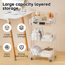 4-Tier Plastic Rolling Utility Cart Organizer with Handle, Multi-Functional Storage Trolley with Lockable Wheels & Reinforced Handle, for Nursery, Office, Living Room, Bathroom, Kitchen(Black)