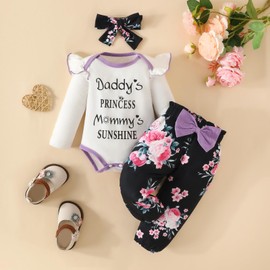 QUNERY Newborn Baby Girl Clothes Daddy's Princess Ruffle Tops Floral Pants Infant Outfits Gifts Set Purple 6-12 months