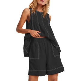Panadila Womens Summer 2 Piece Sets Beach Vacation Outfits High Neck Tank Top and Shorts Set Resort Wear Matching Clothes (Black,M)