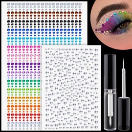 1225 Pcs of Rhinestone Stickers 3/4/5/6mm Clear+Colorful Self Adhesive Face Gems, Stick on Body Crystal Jewels with Quick Dry Makeup Glue for Face Eye Hair Nails Make up and Craft DIY Decorations