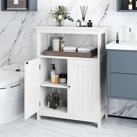 COSTWAY Bathroom Floor Storage Cabinet, Modern Wooden Freestanding Storage Organizer with 2 Doors, 3-Level Adjustable Shelf, for Entryway, Living Room, Kitchen (White)