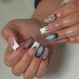 White French Press on Nails Golden Embossed False Nails Long Square Shaped Fake Nails Full Cover Design Gradient False Nails Reusable DIY Acrylic Nails for Women Art Manicure 24 pcs