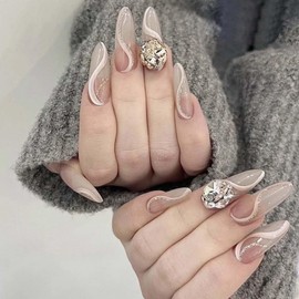 POKENGDA Long Press on Nails Design,Almond Acrylic Daily Rhinestones Fake Nails,Reusable Swirl False Nail Kits for Women