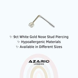 AZARIO LONDON 9K White Gold Prong Set 1.5MM Round CZ Stone 22 Gauge L Bend Nose Stud Piercing