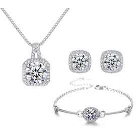 Hadskiss Silver Cubic Zirconia Earrings and Pendant Necklace Link Bracelet Set for Women 14K White Gold Plated Square Wedding Jewelry Sets for Bride Bridesmaid