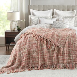 GINAMUSE Multi-Color Light Pink Cable Knitted Throw Blanket for Couch,60"X80" Boho Style Textured Blankets for Home Decor,Super Soft Warm Cozy Chunky Knit Blanket with Decorative Tassels for Bed