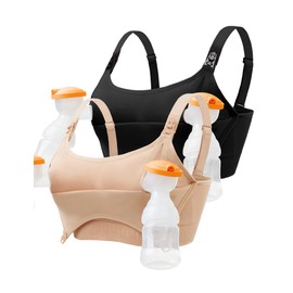 HOFISH Pumping Bra Hands Free Comfort PatentedClasps One Seamless Breast Pump Bra All Day Wear 2Pack Black/Beige S