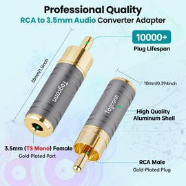 RCA to 3.5mm 1/8 Inch Audio Adapter 4 Pack, RCA (Male) Plug to 2-Pole 3.5mm 1/8" TS Mono (Female) Jack Converter Connector Gold-Plated Plugs & (Aluminum Shell) for Headphones, Speakers and More