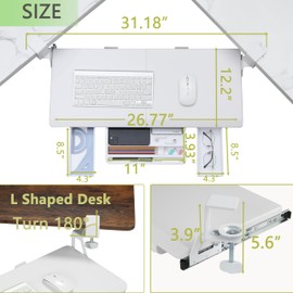ETHU Keyboard Tray Under Desk, Ergonomic Corner Keyboard Tray with 180° Adjustable C Clamp for L Shape Desk 26.77" X 12.2" Easy to Install, Computer Keyboard Stand for Home and Office (White)
