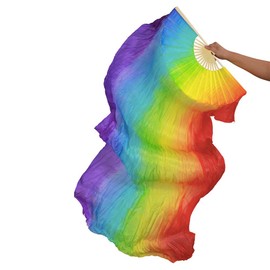 TMZAQH Women 1 Piece Right Hand Real Silk Long Belly Dance Fan Veils 150 * 90 cm, Vertical Rainbow, 150*90cm