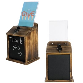MyGift Set of 2 Money Tip Collection and Donation Box, Rustic Burnt Solid Wood Wall Mounted Comment Box with Chalkboard Label, Lock, Keys, & Acrylic Sign Holder