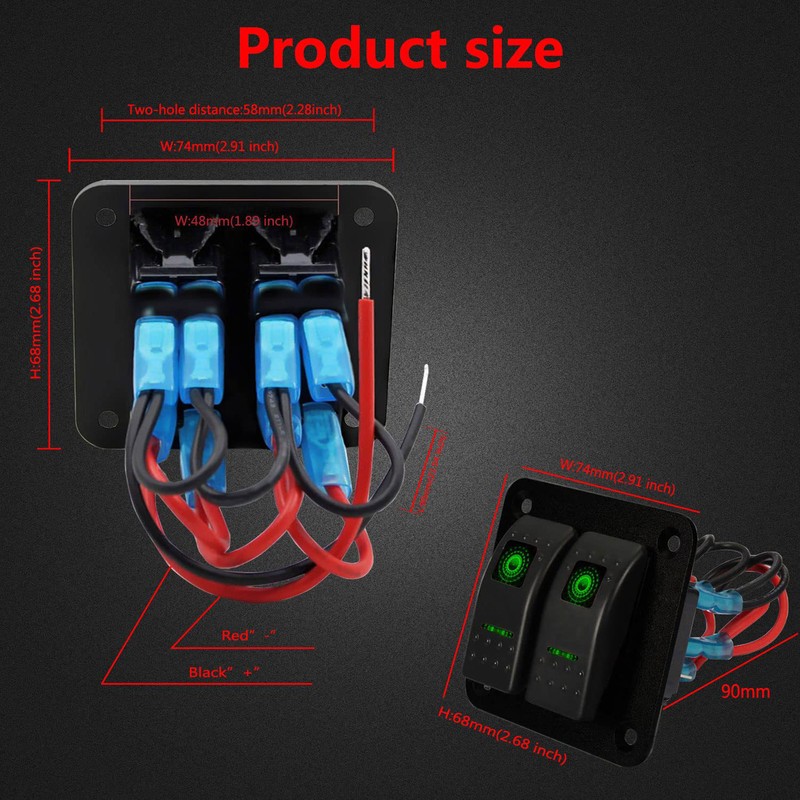 2 Gang Rocker Switch Panel 12‑24V Green LED Universal for