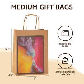 YEEHAW Brown Paper Bags with Handles Bulk 8"x4.5"x10.8" 100Pcs Gift Kraft Bags Medium Size, Brown Craft with Handles, Gifts Bag Bulk, Suitable for Retail, Party, Shopping, Merchandise