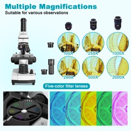 Microscope for Adults Kids Students 100-2000x Magnification Powerful Biological Educational Microscopes with Operation Accessories (10p), Slides Set (15p), Phone Adapter, Wire Shutter & Backpack