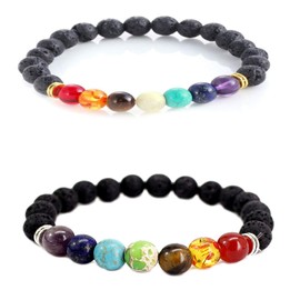 2Pcs Lucky Blue Evil Eye Hamsa Hand of Fatima Beaded Stretch Bracelet Elastic 7 Chakras Gemstone Lava Yoga Stone Bracelet for Women Men Good Luck Protection Amulet Jewelry-B 7 Chakras