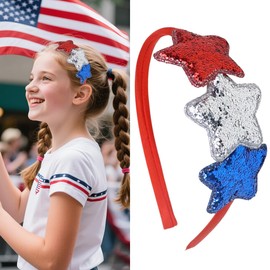 Ecuupas Independence Day Headband for Women,4th of July Hairband,Glitter Red Sliver Blue Star Hair Hoop, Non-Slip Headwear Girl Hair Accessories for Patriotic Memorial Day,Parade Party