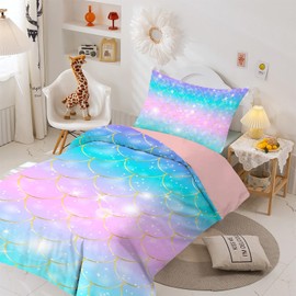 MUSOLEI Mermaid Bedding Set Girls Single Double Colorful 3D Mermaid Tail Blue Duvet Cover Sets Pink Lovely Quilt Cover Soft with Pillwocase (Pink Mermaid Scales, Single)