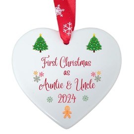 Second Ave First Christmas as Auntie & Uncle White Ceramic Hanging Heart Christmas Xmas Tree Decoration Bauble
