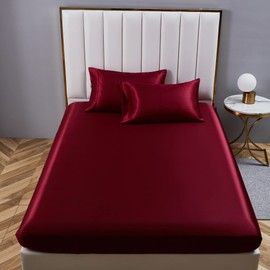 Satin Red Single Fitted Sheet Silky Fitted Bed Sheet, Deep Fit Pocket Fitted Sheet Only, Luxury & Ultra Soft Bedding Fitted Sheet Single Bottom Bed Sheets Sold Separately