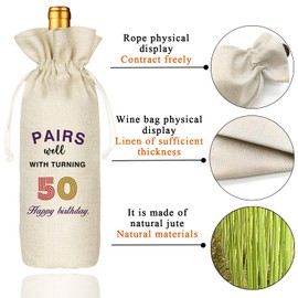 TBITON 50th Birthday Wine Bag,50th Birthday Gift for Women Men,50 Years Old Birthday Party Decoration Gifts, Happy Birthday Decor Wine Bag - Cotton linen drawstring wine bags (Beige-50th)