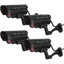 Yuarisx Dummy Security Camera Bullet Fake CCTV Surveillance System Indoor Outdoor with Realistic Simulated LEDs Flashing Lights and Warning Sticker Decals (4 Pack)