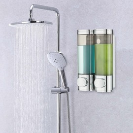 Shampoo and Conditioner Dispenser, modunful Shower Dispenser 2 Chamber No Drill Shampoo Dispenser for Shower Wall Mounted Shampoo Conditioner Body Wash Dispenser for Bathroom,Chrome 2 Chamber